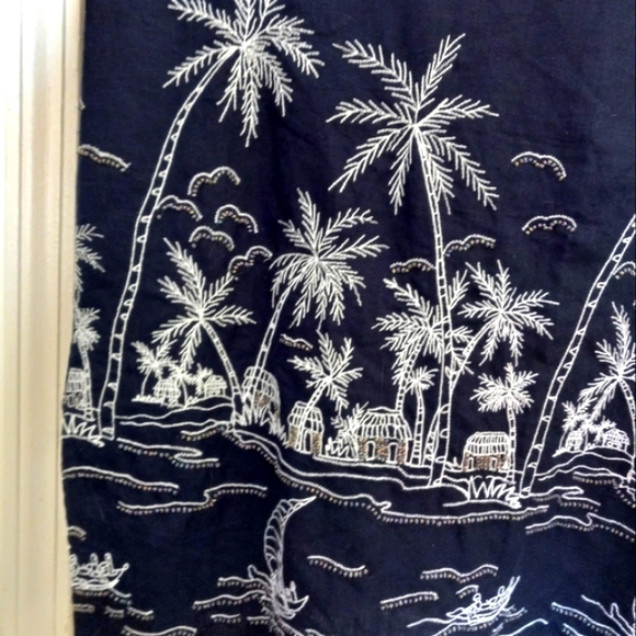 Talbots Dress Blue 100% Linen Embroidered Palm Trees Sailboat Beach Size L - Picture 6 of 15